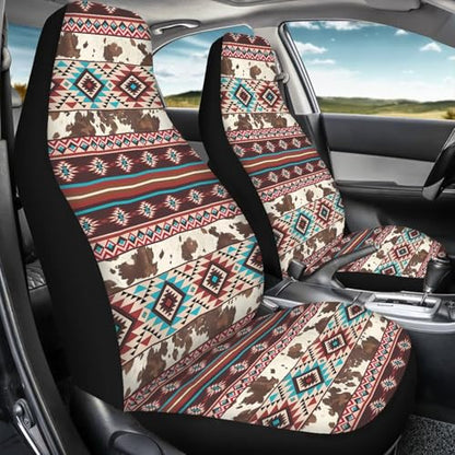 Car Front Seat Covers Stretch Polyester Fabric Cover Universal Aztec Cow Print Car Seat Cover Protection Interior Accessories Universal Fit for Most Vehicles - color: Aztec Cow Print