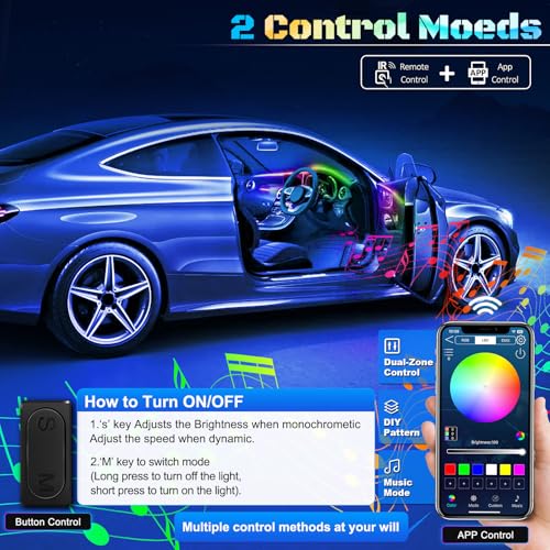 Dreamcolor Acrylic Interior Car LED Strip Light with Wireless APP, Dual Zone RGB 18 in 1 with 175 inches 593 LEDs Fiber Optic Neon Strip Lights for Car, Music Sync Neon Car Ambient Lighting Kits