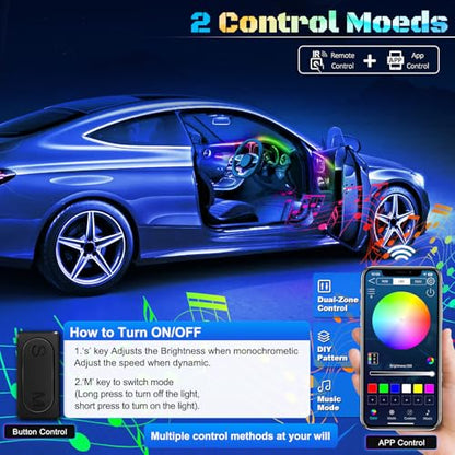 Dreamcolor Acrylic Interior Car LED Strip Light with Wireless APP, Dual Zone RGB 18 in 1 with 175 inches 593 LEDs Fiber Optic Neon Strip Lights for Car, Music Sync Neon Car Ambient Lighting Kits
