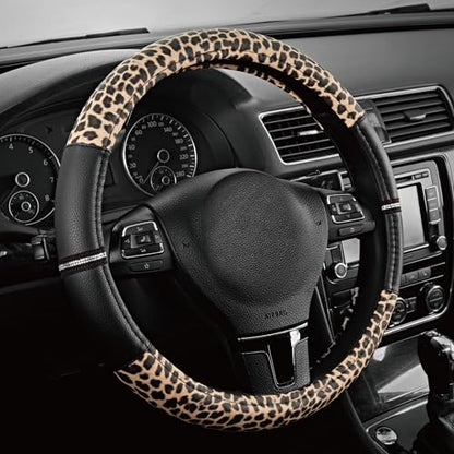 Road Comforts Leopard Steering Wheel Cover - Made with PVC Leather Cheetah Print - Anti-Slip, Universal Fit 14 1/2 inches to 15 inches - Black - color: Black