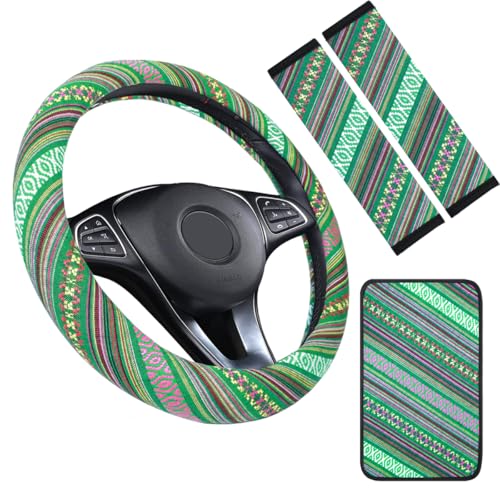 Boho Steering Wheel Cover Set, Seat Belt Cover and Armrest Pad Bohemian Cloth Car Steering Wheel for Women Flax Ethnic Style Steering Wheel Accessories Cover Anti-Slip Fits 14 1/2-15 Inch - Green - color: Blue