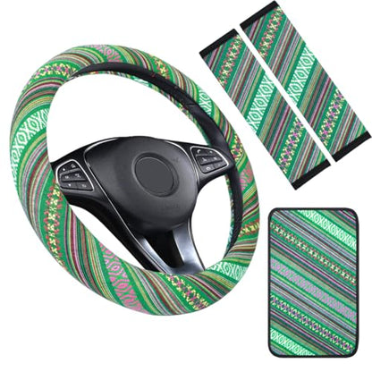 Boho Steering Wheel Cover Set, Seat Belt Cover and Armrest Pad Bohemian Cloth Car Steering Wheel for Women Flax Ethnic Style Steering Wheel Accessories Cover Anti-Slip Fits 14 1/2-15 Inch - Green - color: Blue