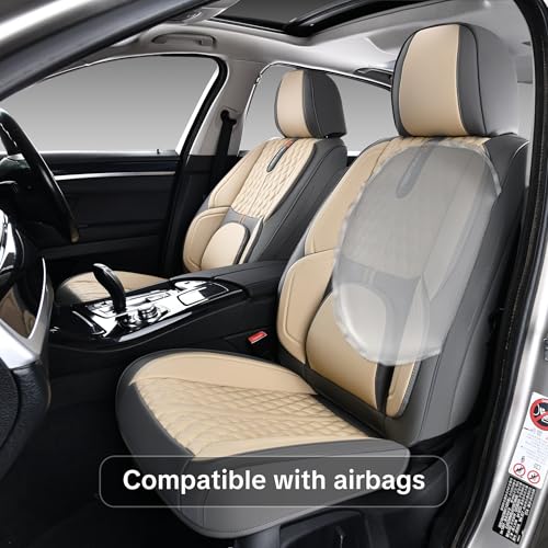 Car Universal Seat Cover, Khaki Seat Cover, 5-Piece Full Set, Waterproof and Wear-Resistant Artificial Leather, Protects Car Seats, with Lumbar Support, Fits Most Cars, Airbag Compatible - color: B_Light Taupe