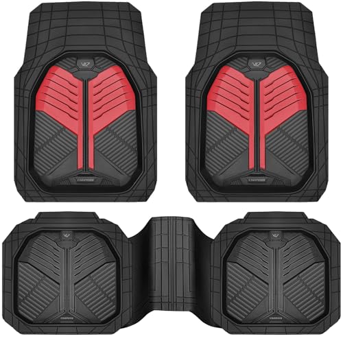 CAR PASS Heavy Duty Rubber Car Mats, Deep-Dish Car Floor Mats All Weather, Universal Two-Tone Trim-to-Fit for SUVs Trucks Sedans, Waterproof Anti-Slip, 3 Pieces V12 Black and Metallic Red - color: Red and Black