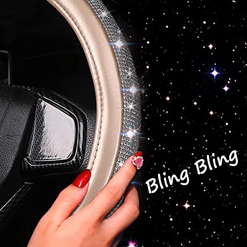 Bling Diamond Leather Steering Wheel Cover, Golden Steering Wheel Covers for Women Girls with Crystal Rhinestones, Universal Fit 14.5-15 Inch Car Steering Wheel Bling Cover Accessories - color: Golden