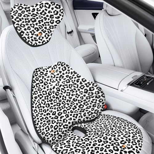 Ergonomic Car Seat Cushion with Comfort Memory Foam Neck Pillow, Car Pillow,Lumbar Support and Big Size Soft Seat Cushion for Driving Seat,Office Chair and Wheel Chair (Leopard Print-3 pcs) - color: Leopard Print-3 Pcs
