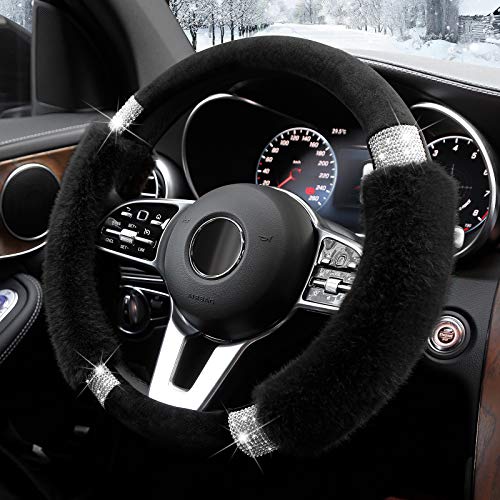 Achiou Rhinestone Fluffy Steering Wheel Cover - Comfortable Non-Slip Luxury Faux Wool, Universal Fit for 14.5" to 15" Steering Wheels - color: Black and Black