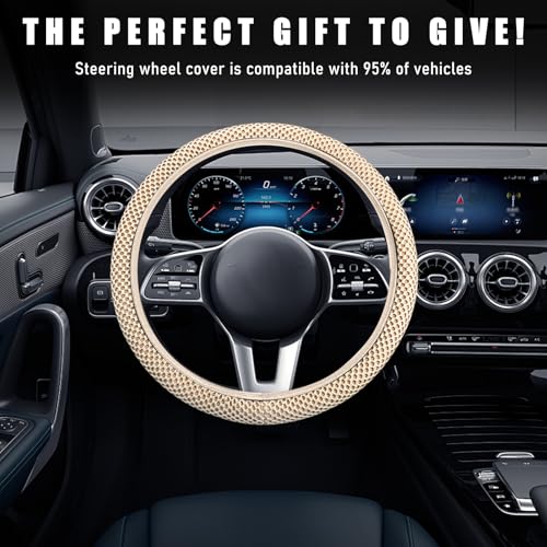 Wevdn Elastic Stretch Steering Wheel Cover, 15"×15" Microfiber Breathable Ice Silk Steering Wheel Protector, Anti-Slip Elastic Steering Wheel Cover for Men Women, Car Accessories (Beige) - color: Beige