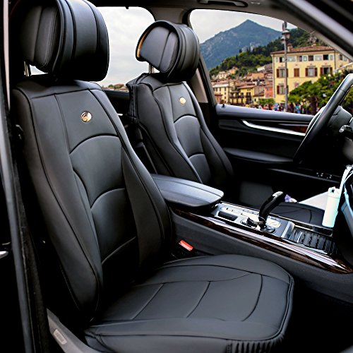 FH Group Front Set Faux Leather Seat Cushions - Car Seat Covers for Low Back Seat, Universal Fit, Airbag Compatible Car Seat Cover for SUV, Sedan, Solid Black - color: Black, style: Front Set