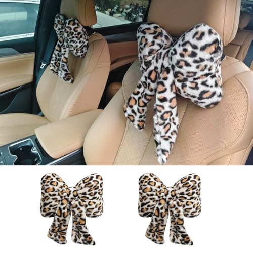 2PCS Cute Bow Car Headrest Pillow, Soft Breathable Leopard Plush Car Neck Support Pillow, Comfortable Warm Ergonomic Auto Interior Head Rest Cushion for Women, Girl (Gray) - color: Gray