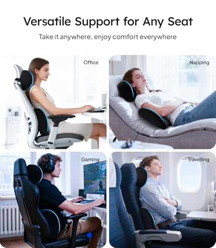 Wigoo 2026 Car Neck Pillow and Lumbar Support Pillow for Car Set [Ergonomic Design, Pressure Relief] Soft Car Headrest Pillow Back Cushion with Adjustable Strap, Fits All Vehicles (Black)