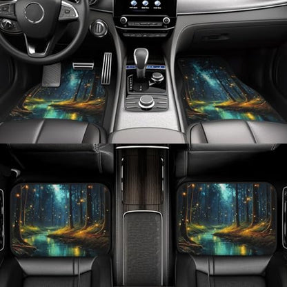 Universal Fit Car Floor Mats - Tech Cloth with Elegant Patterns, Enchanted Forest Stream, Front (26.8x17.3in) & Rear (13x17.3in) Set, Anti-Slip Rubber Bottom, 4PCS, Water-Resistant & Simple to Clean
