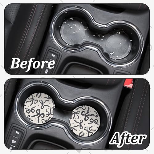 2Pcs Car Coasters for Cup Holders, Black Bow Absorbent Ceramic Car Cup Coaster Universal Anti Slip Cork Base Cup Coasters with Finger Notch Car Interior Accessories for Women