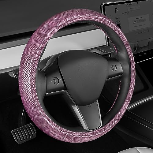 Purple Steering Wheel Cover, Standard 15 Inch Size Fits Most Vehicles, Cute Shiny Bling Car Steering Wheel Cover with Herringbone Detail, Car Accessories for Women - color: Purple Herringbone