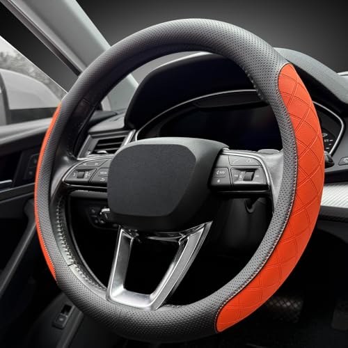 LKWLIKEI Nappa Leather Steering Wheel Cover, Diamond Checkered Design, Non-Slip wear-Resistant, Enhance Driving Comfort, Suitable for Steering Wheel Diameter 14 1/2‘-15’ Models.Black Orange - color: Black Orange