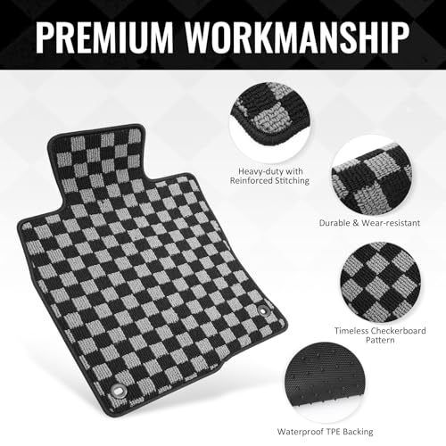 IKON MOTORSPORTS Loop Pile Tufted Car Floor Mats, Compatible with 2016-2021 Honda Civic, Checkered Grey Black Plaid, All Weather Anti-Slip 4PCS Set Car Protector Carpets