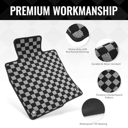 IKON MOTORSPORTS Loop Pile Tufted Car Floor Mats, Compatible with 2016-2021 Honda Civic, Checkered Grey Black Plaid, All Weather Anti-Slip 4PCS Set Car Protector Carpets