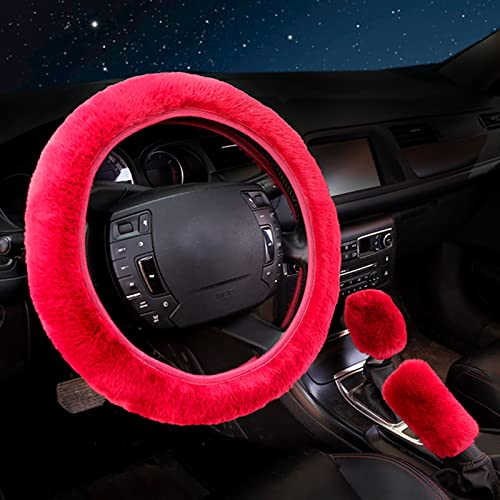 Cute Fluffy Steering Wheel Cover Set for Women, YUNXNYC 1 Set 8 Pieces Fluffy Car Accessories Set Soft Fuzz Handbrake Cover Gear Shift Cover Fur Seat Belt Shoulder Pads Furry Ball Key Chain (Red) - color: Red