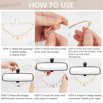 Rearview Mirror Hanging Ornament Gold Car Charm with Crown Cross Star Heart Feather Key and Cone Shapes Aluminum Cute Feminine Aesthetic Rearview Mirror Hanging Car Accessories for Women - style: Gold