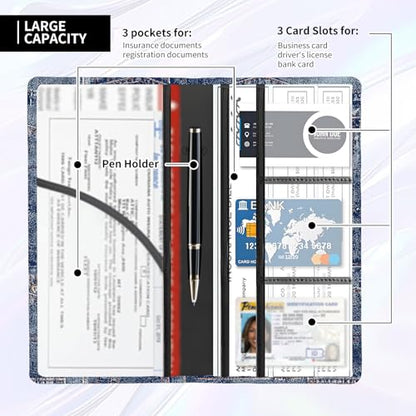 Leather Car Registration and Insurance Card Holder, Cute Car Accessories Vehicle Glove Box Car Organizer for Documents, Cards, License Cute Denim Pattern - color: Cute Denim Pattern