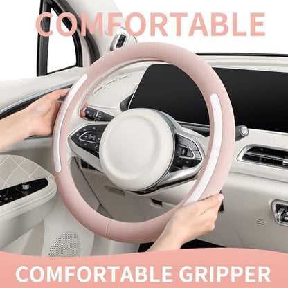 Steering Wheel Cover, Universal 15 inch, Faux Leather Steering Wheel Protector Anti-Slip, Breathable & Heating-Compatible for Cars Trucks SUVs Vans - color: Pink