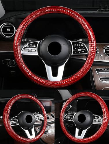 Luxury Crocodile Texture Glossy Leather Car Steering Wheel Cover, New Universal 15 Inch Vehicle Steering Wheel Cover for Cars, Trucks, Suvs, Pickups Interior Accessories (Red) - color: Red