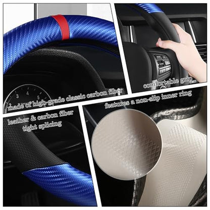 Black & Blue Carbon Fiber Leather Steering Wheel Cover, Microfiber Leather, Anti-Slip, Breathable, Universal Fit for 14.5–15 in Steering Wheel Cover for Men Women - color: Splicing Carbon Fiber - Black and Blue