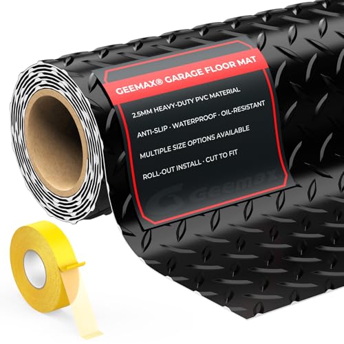 4x8 FT Diamond Plate Garage Floor Mat, Heavy Duty PVC Flooring Roll, 2.8mm Mat for Under Car, Motorcycle, Golf Cart, Trailer, Waterproof Non-Slip Floor Protector for Garage, Basement, Black - color: Black, size: 96"L x 48"W x 0.1"Th