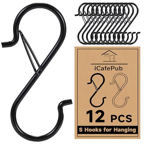 12 PCS S Hooks for Hanging with Safety Buckle, 3.5 inch Heavy Duty Metal S Shaped Hooks for Kitchen Utensil, Cups, Pots, Plants, Bags, Hats (Black) - color: Black