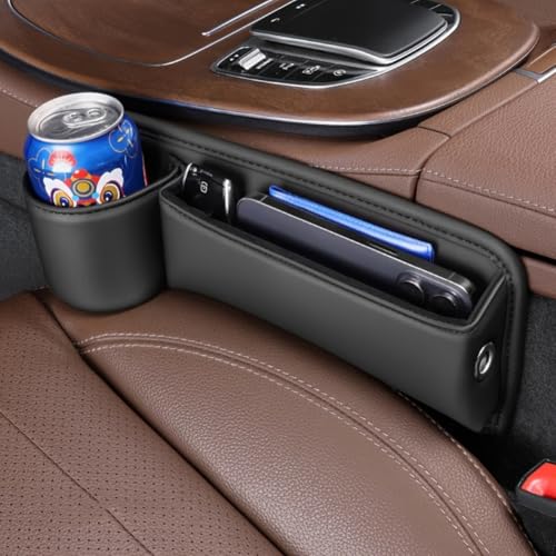 Car Seat Gap Filler Organizer with Cup Holders, Seat Gap Storage Box for Drinks, Phones, Keys, Sunglasses, Cards, and Small Essentials (Beige, Passenger Seat)