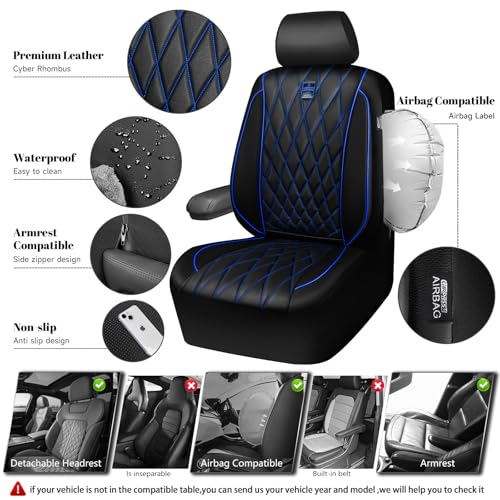 CAR PASS Piping Luxury PU Leather Two Front Car Seat Covers,Waterproof Anti- Slip Seat Covers Compatible with Front Seat Armrests,Universal Fit for Suvs,Vans,Trucks,Airbag Compatible(Black and Blue) - color: Black and Blue, size: Two Front