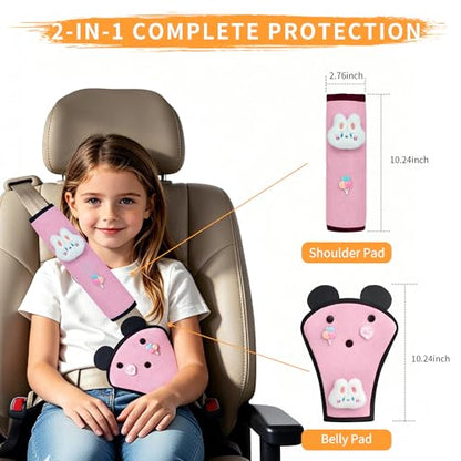 Cute Bunny Seat Belt Cover Pads for Kids – Soft Mesh Seatbelt Cushion, Shoulder & Belly Protector, 2-Piece Set - color: Bunny(pink)