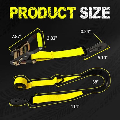 2'' x 114'' Heavy Duty Adjustable Car Tie Down Straps with Snap Hook for Trailers, 10,000 lbs Break Strength, Axle Tire Ratchet Straps with Snap Hooks for Hauling UTV, SUV, Truck, Any Cars - Yellow - color: Yellow