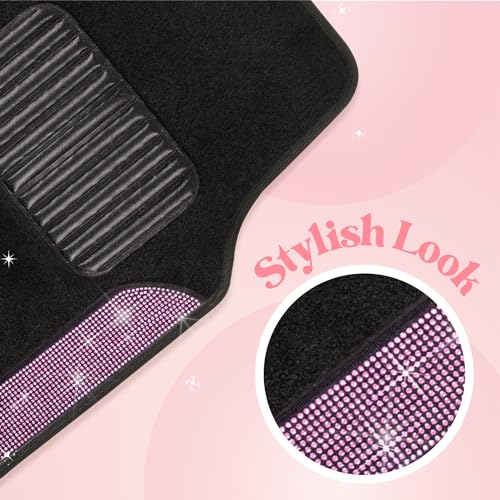 Carbella Diamond Bling Car Mats 4-Piece Set, Shiny Rhinestone Crystal Carpet Car Floor Mats, Two-Tone Floor Mats for Cars, Cute Automotive Interior Car Accessories for Women (Light Pink)