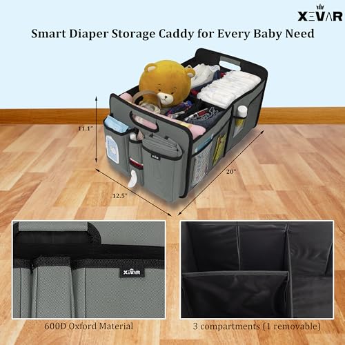 Baby Diaper Caddy Organizer with Changing Mat - Portable Car Caddy for Newborn Essentials, Diapers & Wipes, Perfect for Baby Shower and New Mom | Oxford Fabric, Grey