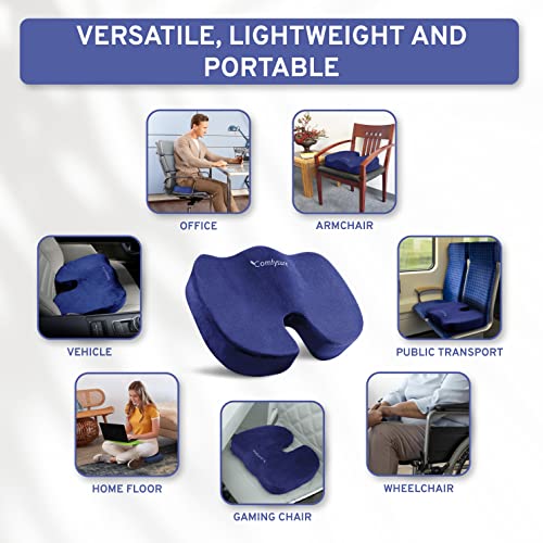 Memory Foam Seat Cushion - Tailbone Pain Relief Cushion, Non-Slip Sciatica Pain Relief Pillow - Cushion for Office Chair, Car, Wheelchair, Computer, Desk Chair - Coccyx, Lower Back Support (Navy)