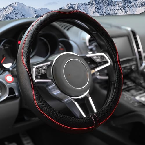 Steering Wheel Cover,Car Accessories 14.5-15 Inch Leather Steering Wheel Cover,Anti-Slip Breathable Microfiber Leather Covers,Warm in Winter and Cool in Summer,Fit for Suvs (Black-Red) - color: Black&Red