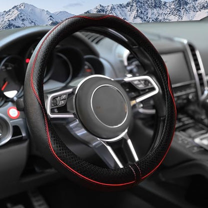 Steering Wheel Cover,Car Accessories 14.5-15 Inch Leather Steering Wheel Cover,Anti-Slip Breathable Microfiber Leather Covers,Warm in Winter and Cool in Summer,Fit for Suvs (Black-Red) - color: Black&Red