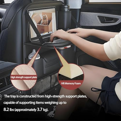 Foldable Car Backseat Organizer with Table Tray, Car Seat Back Protector with Touch Screen Phone Holder, Premium Leather Kick Mats with Storage Pockets Tissue Holder (Black)