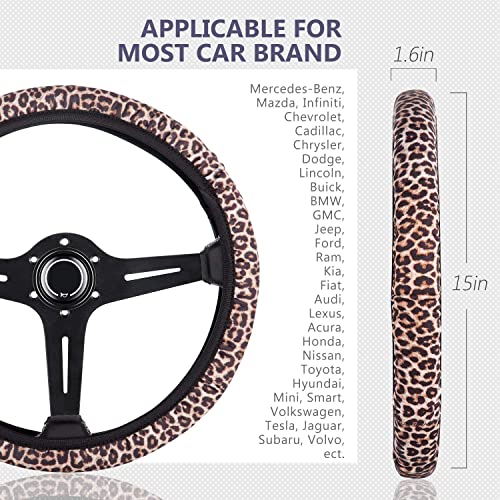 4 Pieces Leopard Cheetah Print Steering Wheel Cover Set with Car Cup Holder & Quarter Keyring, Universal Fit 14-15.5 inches, Leopard Cheetah Print Car Accessories Set - color: Leopard