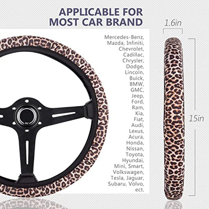 4 Pieces Leopard Cheetah Print Steering Wheel Cover Set with Car Cup Holder & Quarter Keyring, Universal Fit 14-15.5 inches, Leopard Cheetah Print Car Accessories Set - color: Leopard
