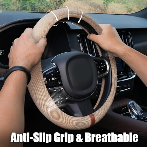 Universal Car Steering Wheel Cover for Summer, Non-Slip Breathable Cooling Steering Wheel Cover Protector with Brown Mark Upgraded Silicone Inner Ring for Summer D Shape & Round Shape, Khaki - color: Khaki Brown