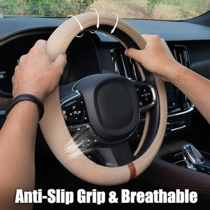 Universal Car Steering Wheel Cover for Summer, Non-Slip Breathable Cooling Steering Wheel Cover Protector with Brown Mark Upgraded Silicone Inner Ring for Summer D Shape & Round Shape, Khaki - color: Khaki Brown