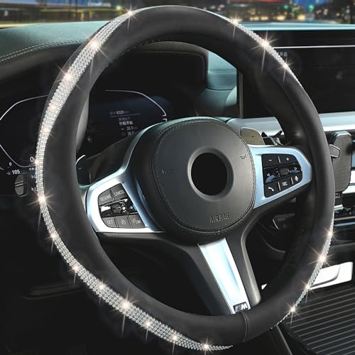 Black Steering Wheel Cover，with Bling Crystal Rhinestone, Delicate and Anti-Slip Sparkly Sedan Steering Wheel Cover ，Adaptable to 14.5-15 inches Steering Wheel, LPFS1