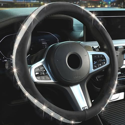Black Steering Wheel Cover，with Bling Crystal Rhinestone, Delicate and Anti-Slip Sparkly Sedan Steering Wheel Cover ，Adaptable to 14.5-15 inches Steering Wheel, LPFS1