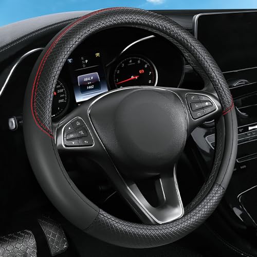 Leather Patchwork Black Steering Wheel Cover, 14.5-15 Inch Non-Slip Breathable Microfiber Car Steering Wheel Protector - color: Leather Patchwork - Black