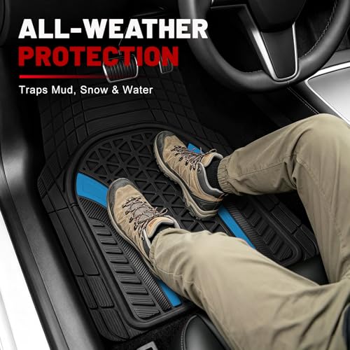 Heavy Duty Rubber Car Mats Carbon Fiber Design (Electric Blue), 4-Piece Deep Waterproof Floor Mats Set (Front & Rear Full Set), All Weather Universal Trim to Fit Automotive SUV Sedan Truck - color: Electric Blue, size: Carbon Fiber