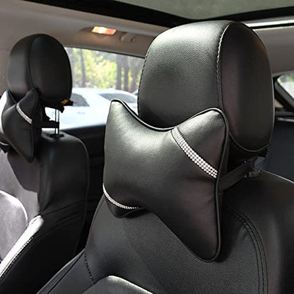 Car Neck Pillows Diamond Seat Auto Headrest Cushion Head Rest Neck 2 Pack Headrest Fit for Most Cars Universal Car Pillow Support Relax Crystal Rhinestone Pu Leather Bling Interior(Black)