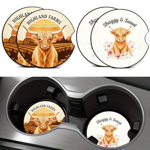 4PCS Highland Cow Car Cup Holder Coasters, Mountain Cows Car Coasters Cars Accessories Interior Decor Universal Neoprene 2.75" Anti-Slip Rubber Mat with Finger Slot, Cow Gifts for Women, Men, Driver - color: Highland Cow