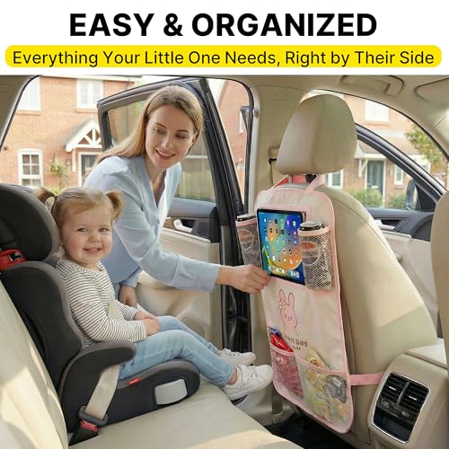 Backseat Car Organizer for Kids, Car Seat Organizer with 11” Touch Screen Tablet Holder, Rear Seat Storage Bag with Drink Pockets, Anti-Kick Seat Back Protector for Travel (Pink Rabbit)